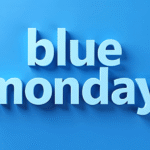 Illustration avec le texte "Blue Monday" sur fond bleu.