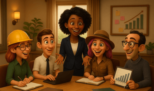 Illustration de personnages autour d'une table accompagnés d'une formatrice.