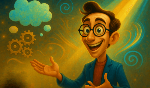 Illustration représentant un homme avec des lunettes ayant des gestes expressifs pour représenter la communication non verbale.