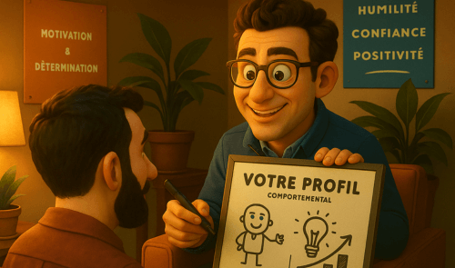 Dessin représentant une séance d'analyse et d'évaluation du profil comportemental d'un homme dans une pièce.