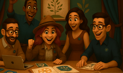 Illustration de personnages autour d'une table ayant des gestes expressifs et représentant la communication non verbale.