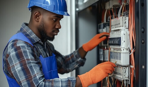 Electricien effectuant une opération d'ordre électrique