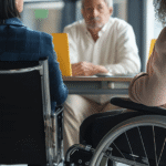 Plusieurs personnes autour d'une table lors d'une réunion, dont une personne en fauteuil roulant