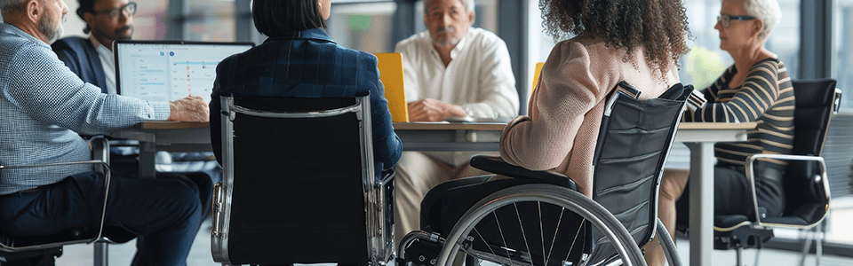 Plusieurs personnes autour d'une table lors d'une réunion, dont une personne en fauteuil roulant
