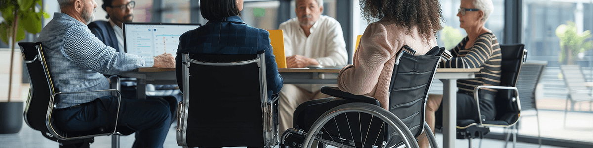 Plusieurs personnes autour d'une table lors d'une réunion, dont une personne en fauteuil roulant