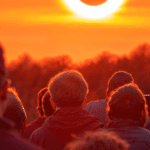 Salariés équipés de lunettes de protection oculaire réglementaires observant une éclipse
