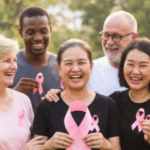 Salariés hommes et femmes avec un ruban rose en soutien à Octobre Rose