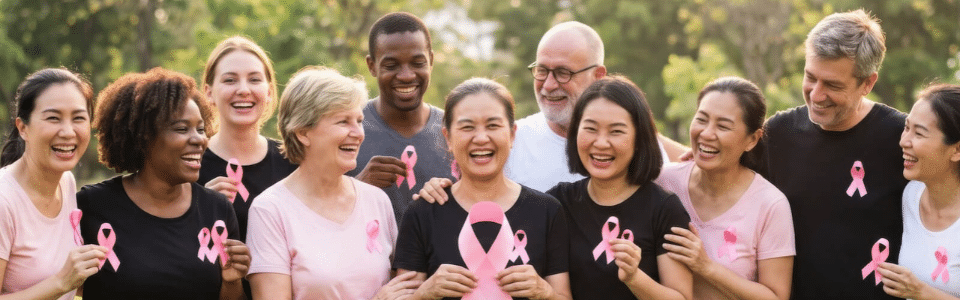 Salariés hommes et femmes avec un ruban rose en soutien à Octobre Rose