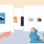 Illustration en flat design d'une galerie d'art avec une salarié du secteur artistique