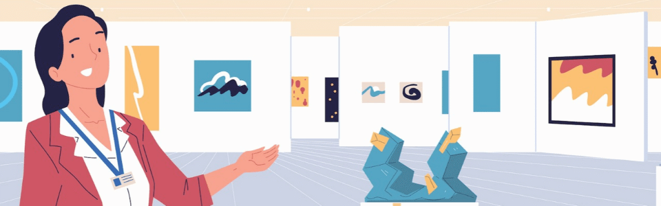 Illustration en flat design d'une galerie d'art avec une salarié du secteur artistique