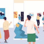 Illustration en flat design d'une galerie d'art pleine de visiteurs et d'artistes.