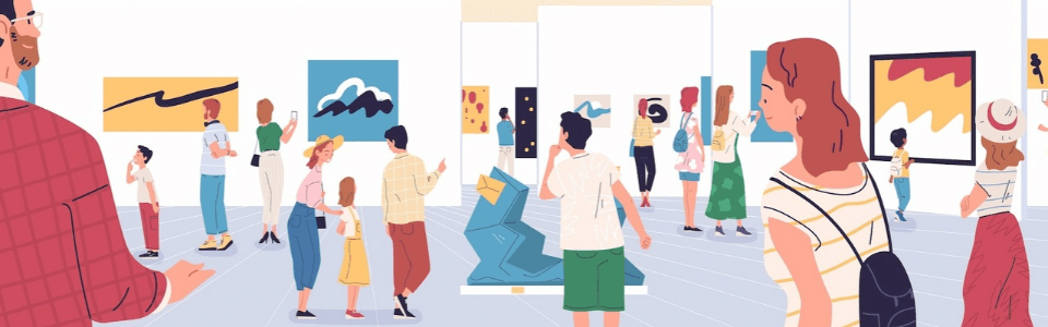 Illustration en flat design d'une galerie d'art pleine de visiteurs et d'artistes.